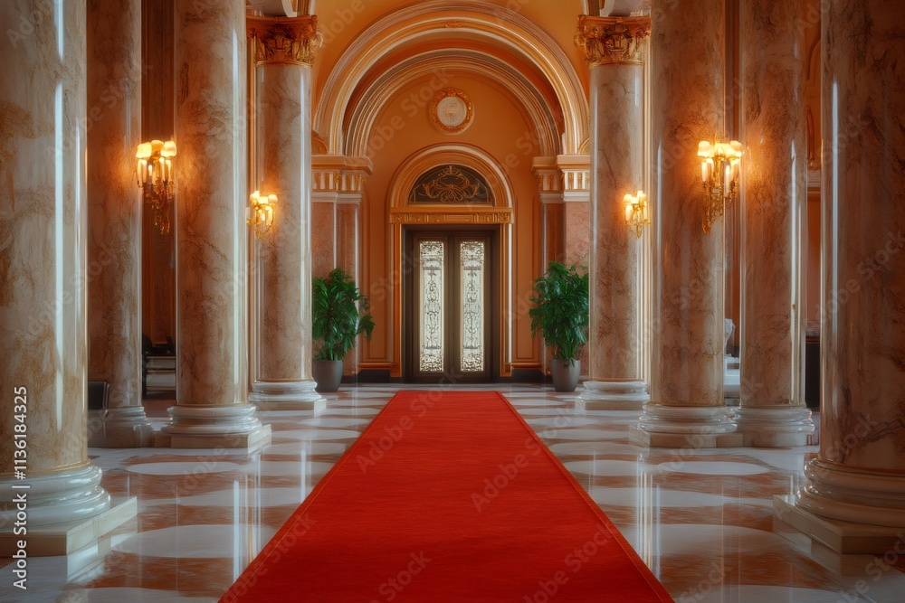 Red carpet leading to ornate door in grand hall with marble columns Red carpet leading to ornate door in grand hall with marble columns