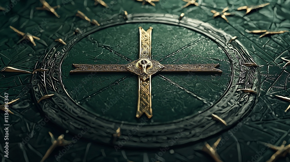 Intricate gold cross on textured green surface with bird shapes. Intricate gold cross on textured green surface with bird shapes.