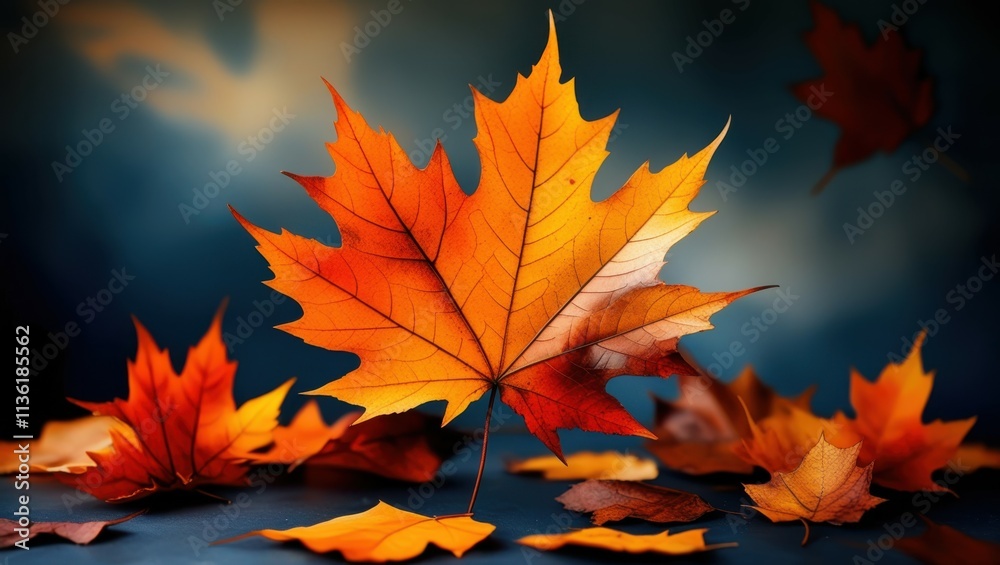autumn leaves, vibrant orange and red, maple leaves, dark background, dramatic lighting, close-up photography, shallow depth of field, high contrast, moody atmosphere, detailed leaf textures, seasonal autumn leaves, vibrant orange and red, maple leaves, dark background, dramatic lighting, close-up photography, shallow depth of field, high contrast, moody atmosphere, detailed leaf textures, seasonal