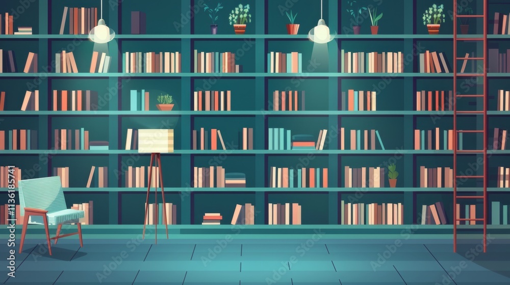 Fototapeta premium Cozy Library Interior with Large Bookshelf, Armchair and Minimalist Decor