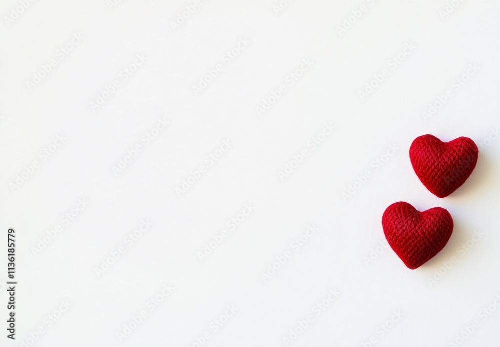 Two Knitted Red Hearts on White Background Valentine's Day Two Knitted Red Hearts on White Background Valentine's Day