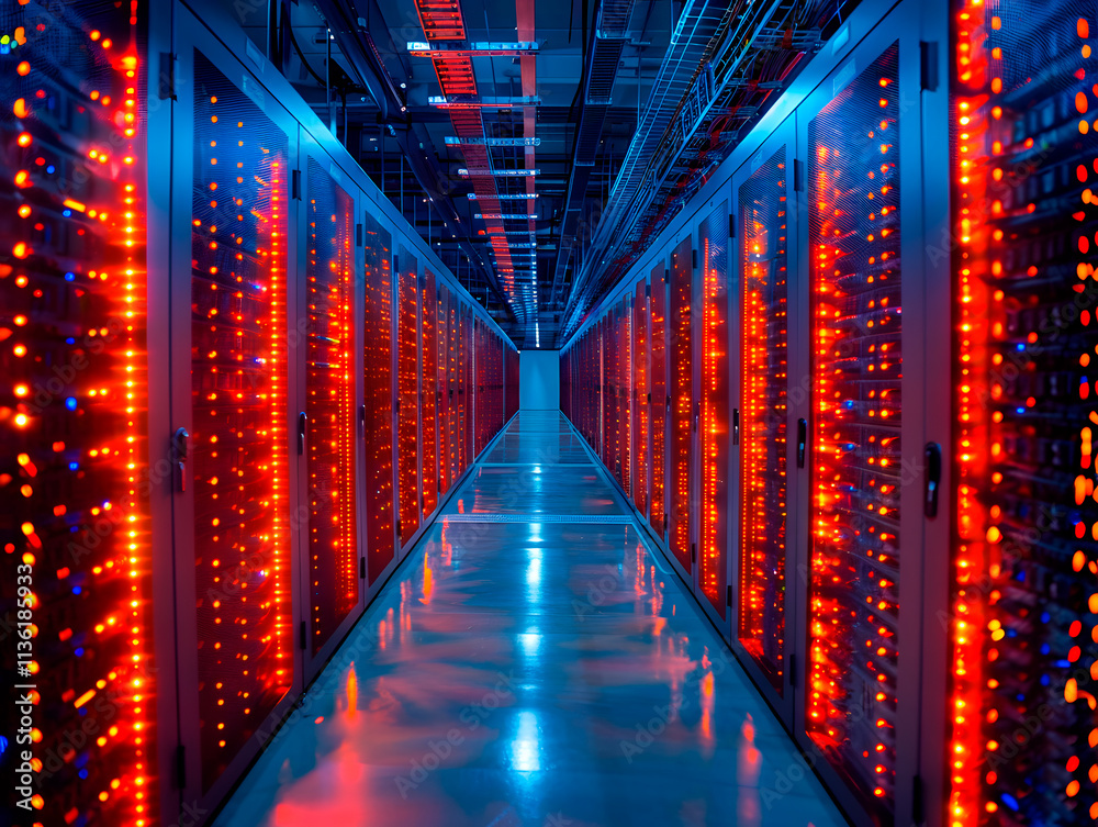 Futuristic data center corridor with illuminated server racks and blue-red lights Futuristic data center corridor with illuminated server racks and blue-red lights
