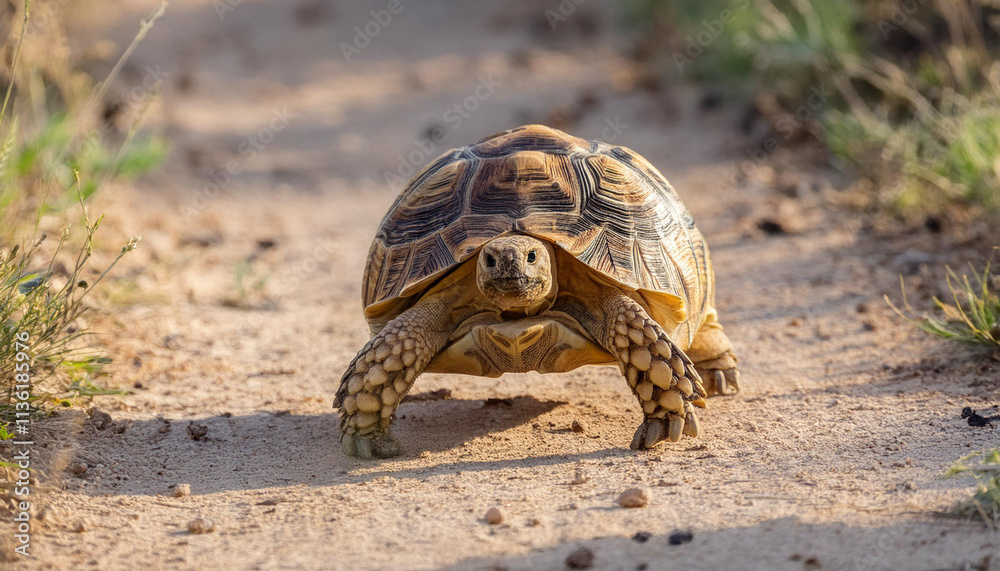 Obraz premium Leopard Tortoise Walking on a Sandy Path in the Afternoon Sun and Copy Space