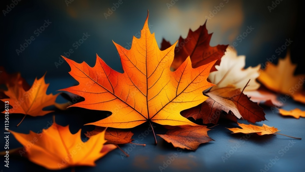 autumn leaves, vibrant orange and red, maple leaves, dark background, dramatic lighting, close-up photography, shallow depth of field, high contrast, moody atmosphere, detailed leaf textures, seasonal autumn leaves, vibrant orange and red, maple leaves, dark background, dramatic lighting, close-up photography, shallow depth of field, high contrast, moody atmosphere, detailed leaf textures, seasonal