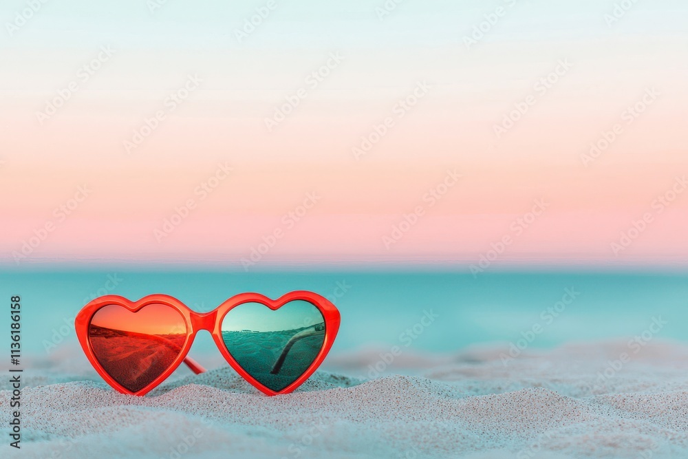 Fototapeta premium Heart-Shaped Sunglasses Resting on Soft Sand with a Beautiful Gradient Sky at Dusk Overlooking the Tranquil Ocean, Evoking Summer Vibes and Relaxation