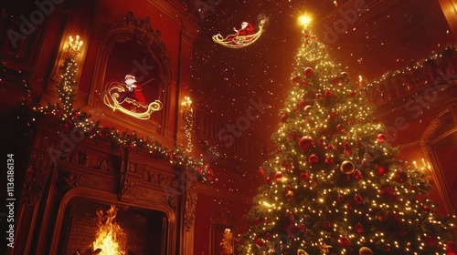 A beautiful Christmas tree adorned with sparkling lights and a decorated fireplace on a rich red background, with Santa in his sleigh flying in the HD sky above.