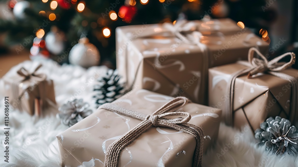 Wrapped gifts on a christmas tabletop behind an ornamental tree Wrapped gifts on a christmas tabletop behind an ornamental tree