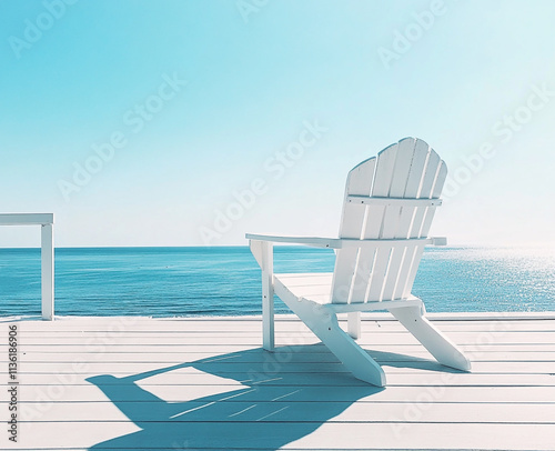 A photo of an empty white wooden Adirondack chair on a deck facing the beach with a blue sky and ocean view photo