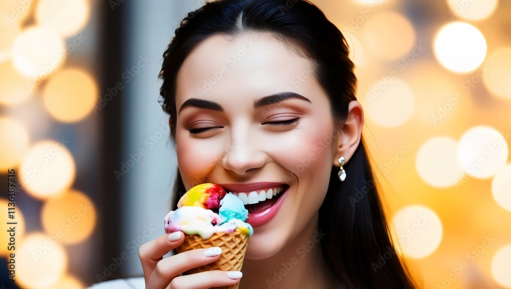 Adorable Woman Enjoying Delicious Ice Cream with a Blissful Smile Adorable Woman Enjoying Delicious Ice Cream with a Blissful Smile