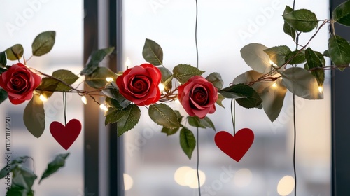 Romantic decorations with red roses and hearts add charm and warmth to indoor spaces, perfect for celebrations, anniversaries, or special occasions with a cozy atmosphere. photo