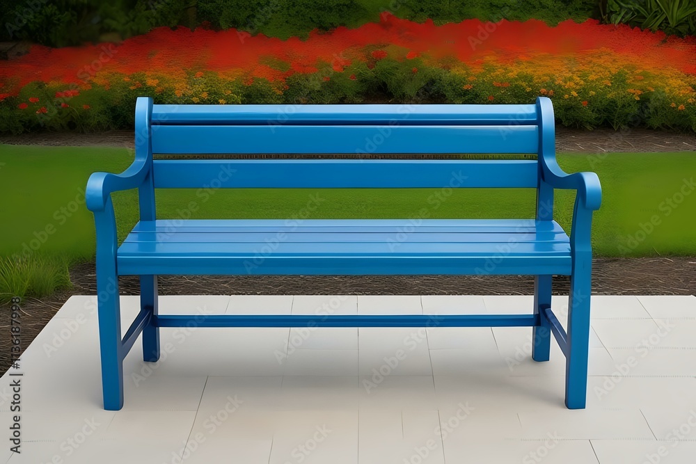 Blue Bench on White Tiled Floor in Garden Blue Bench on White Tiled Floor in Garden