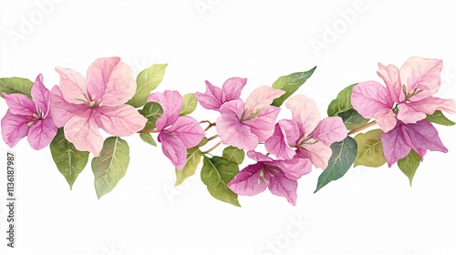 Watercolor Pink Bougainvillea Flower Branch Border