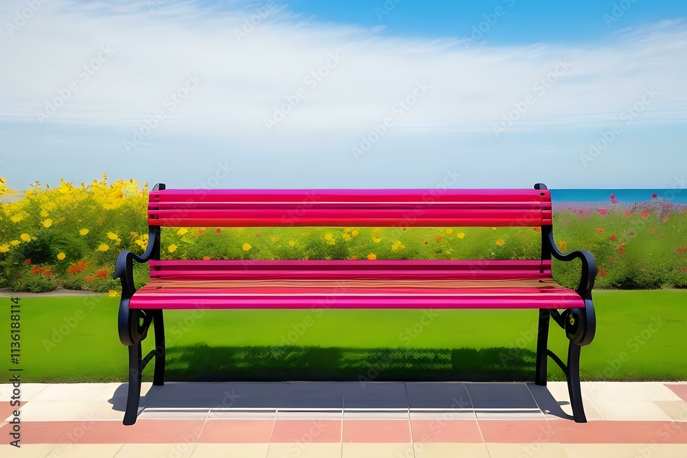Pink Bench on Tiled Floor with Flower Field Pink Bench on Tiled Floor with Flower Field