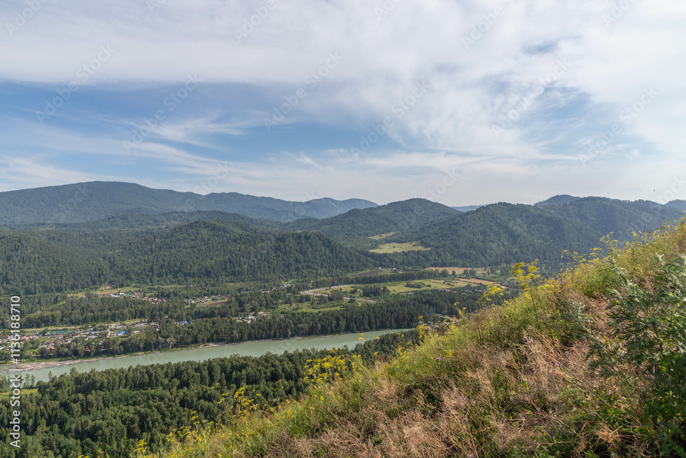 Obraz premium Beautiful view from the Devil's finger peak (or Damn finger rock) to the Katun river. Aya nature park, on the border between the Altai territory and Altai republic, Russia