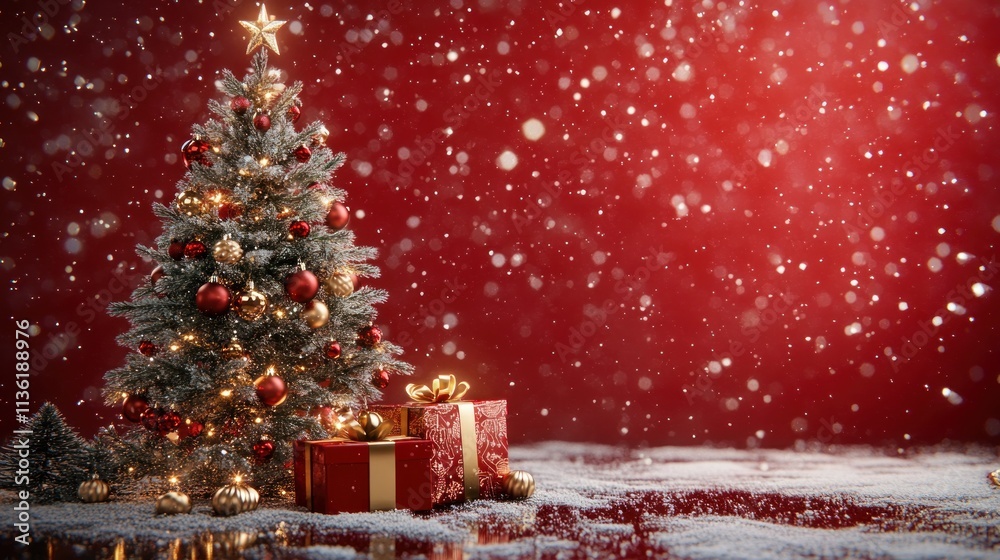 A cozy 3D Christmas scene with a warm red background, glowing golden lights, detailed ornaments on the tree, and a luxury red and gold gift box, all set on a reflective snow-covered surface. A cozy 3D Christmas scene with a warm red background, glowing golden lights, detailed ornaments on the tree, and a luxury red and gold gift box, all set on a reflective snow-covered surface.