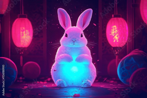 Enchanting Bunny Surrounded by Colorful Lanterns, Radiating a Magical Glow in a Mystical Environment, Captivating the Imagination with Vibrant Colors and Dreamlike Elements