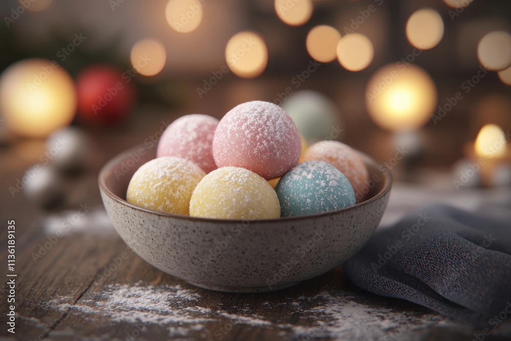 Colorful Sweet Treats in a Bowl Surrounded by Warm, Soft Holiday Lights Creating a Cozy and Festive Atmosphere for Seasonal Celebrations and Gatherings Colorful Sweet Treats in a Bowl Surrounded by Warm, Soft Holiday Lights Creating a Cozy and Festive Atmosphere for Seasonal Celebrations and Gatherings