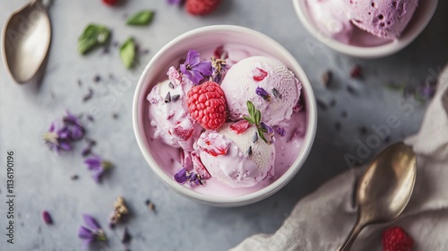 Raspberry and lavender ice cream decorated with fresh berries and flowers