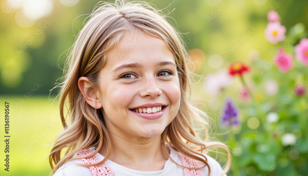 Smiling young girl in a blooming flower garden during daytime Smiling young girl in a blooming flower garden during daytime