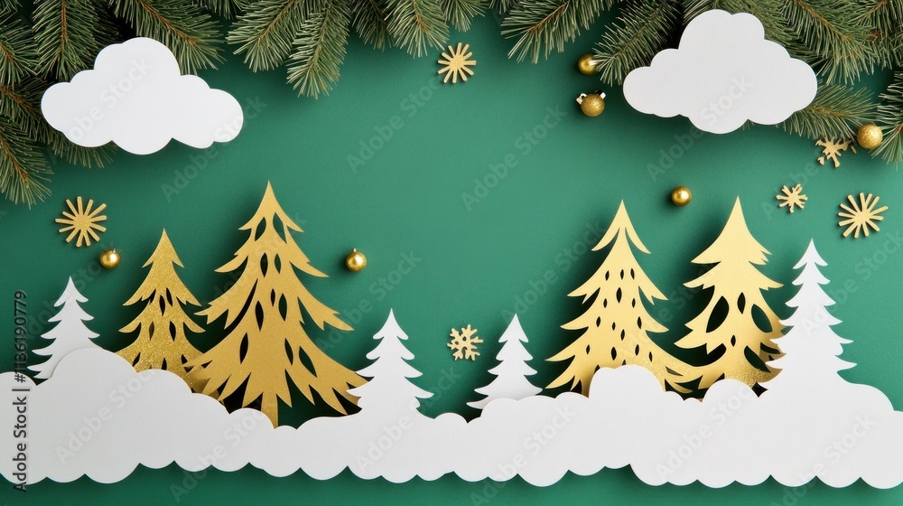 Obraz premium A festive paper-cut Christmas card featuring clouds, fir trees, and pine trees with golden accents, all arranged beautifully on a green background.