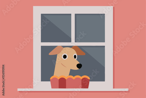 a curious dog peeks out from behind a charming window 