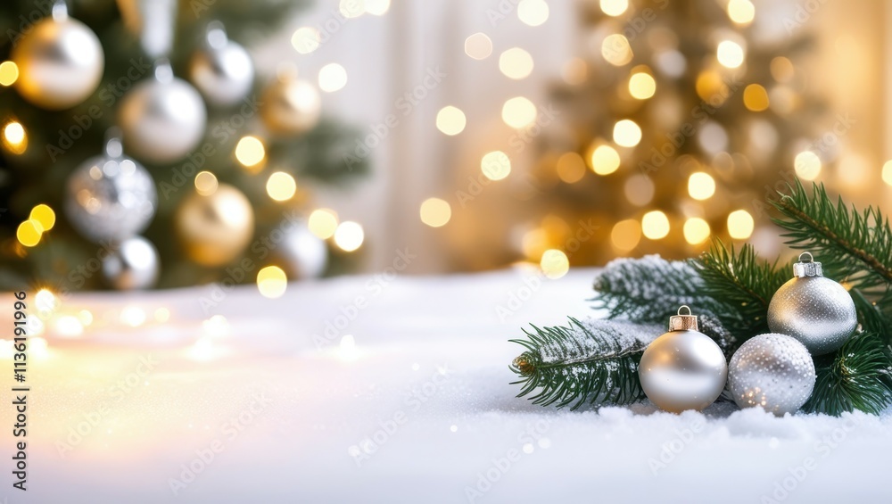 Obraz premium Christmas decoration, golden ornaments, pine branches, bokeh lights, festive atmosphere, white background, macro photography, shallow depth of field, holiday season, warm glow, elegant, shiny baubles,