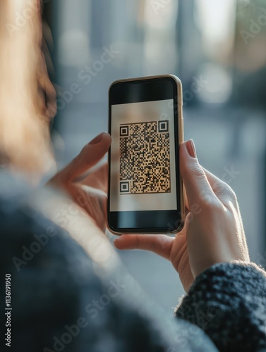 Mobile scam online concept. Person scanning QR code on smartphone in outdoor urban setting.