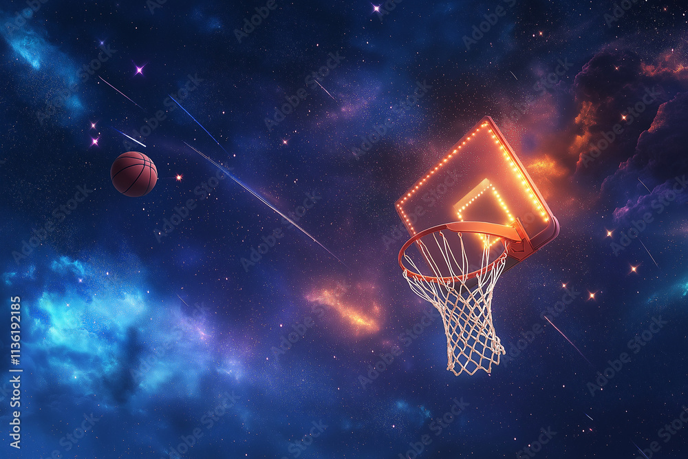 Obraz premium Basketballkorb im Weltraum mit schwebenden Bällen und Galaxie-Hintergrund