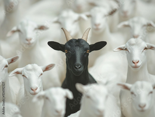 Conceptual Black White Goat Unique Contrast Herd Standing Out Diversity Inclusion Difference Leadership Uniqueness Farm Animal Photography Portrait peaceful expressive motivational identity wall art photo