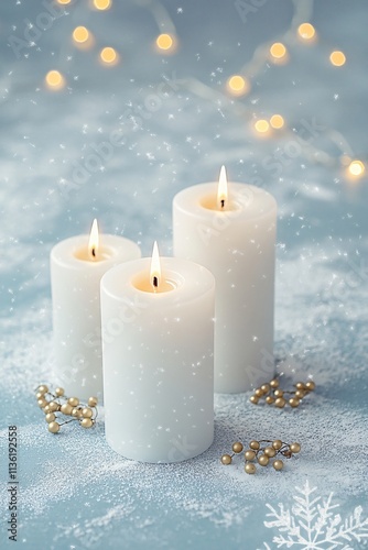 Winter Wonderland Candlescape: Three White Candles with Snow and Lights photo