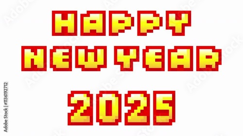Pixel art animated title saying Happy New Year 2025.