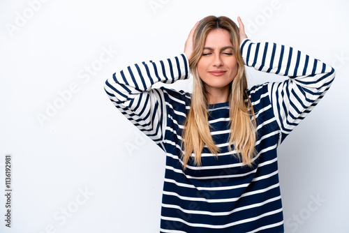 Young Uruguayan woman isolated on white background frustrated and covering ears