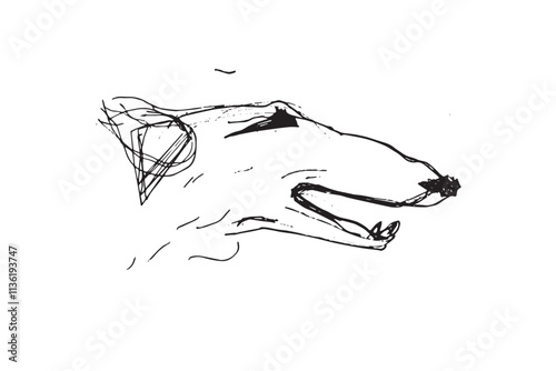 Russian Hunting Sighthound hand-drawing sketch. Minimalist ink drawing of dog Borzoi. Gazehounds line art. Hound dog illustration. Black graphics for Dog breeding business.