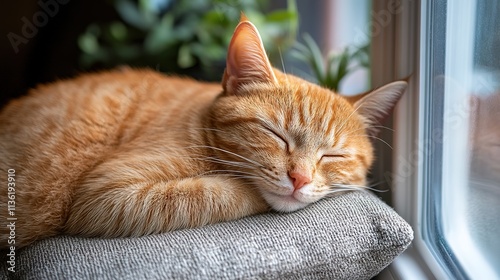 Domestic ginger cat sleeping near the window with raindrops. Close-up portrait.