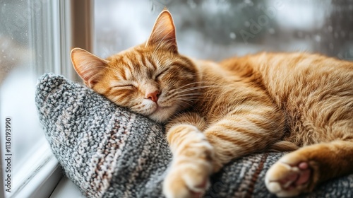 Domestic ginger cat sleeping near the window with raindrops. Close-up portrait.