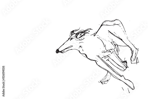 Russian Hunting Sighthound hand-drawing sketch. Minimalist ink drawing of dog Borzoi. Gazehounds line art. Hound dog illustration. Black graphics for Dog breeding business.