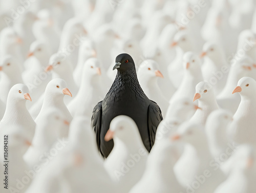 Black Pigeon White Flock Symbolic Concept Individuality Standing Out Diversity Contrast Nature Modern Artistic Wildlife bird zoo 3d render character sculpture photography society wall art wallpaper photo