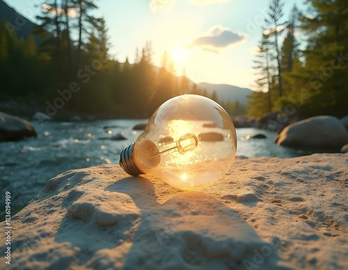 Lightbulb of Ideas Glowing Bulb on a Rock in a Tranquil Lake or River in a Forest Environment photo