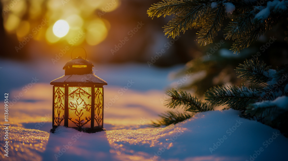 Christmas Lantern in Snow with Fir Branches and Sunlight, Festive Winter Scene. Christmas Lantern in Snow with Fir Branches and Sunlight, Festive Winter Scene.