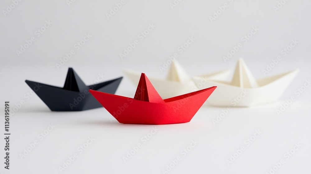 Three paper boats, red front, white and black behind, on white background.