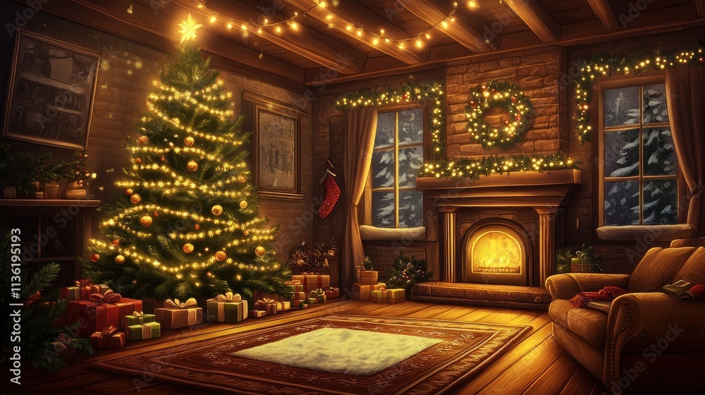 A raster Christmas background template with a beautifully decorated tree, golden lights, and ornaments, creating a cozy and festive holiday scene.