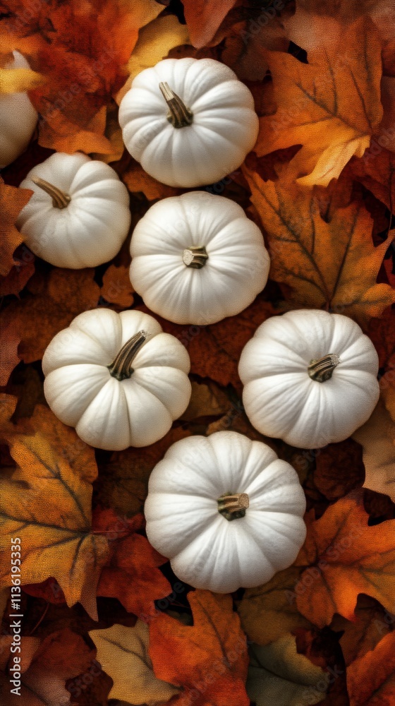 White pumpkins on autumn leaves, seasonal harvest White pumpkins on autumn leaves, seasonal harvest