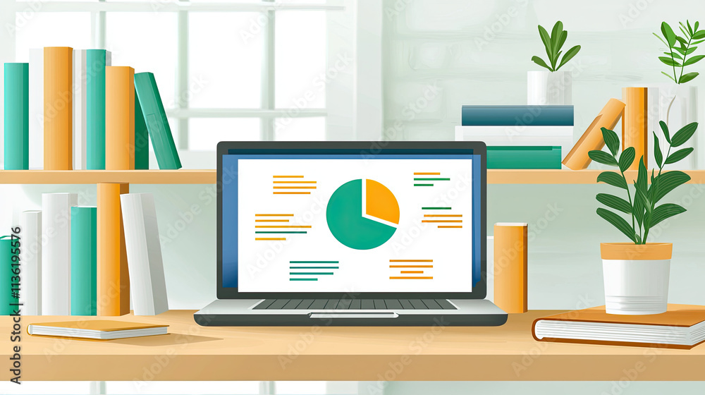 Laptop displaying a pie chart on a desk with books and plants in a bright office setting Laptop displaying a pie chart on a desk with books and plants in a bright office setting