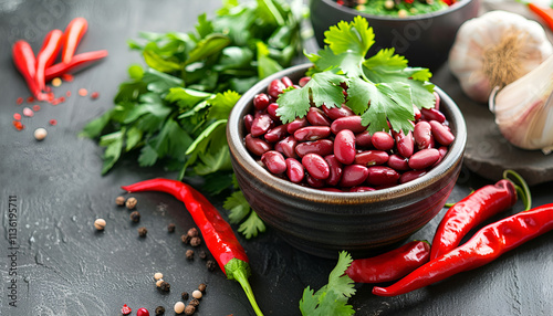 chili con carne, a traditional Mexican dish with red beans, cilantro leaves, ground meat, and chili peppers, a closeup with ingredients