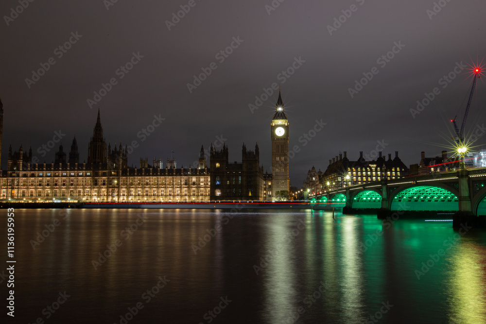 Fototapeta premium Big Ben and Westminster Bridge, London, illuminated at night