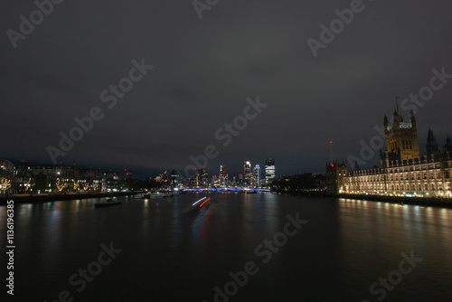 London cityscape skyline view at night from London Bridge