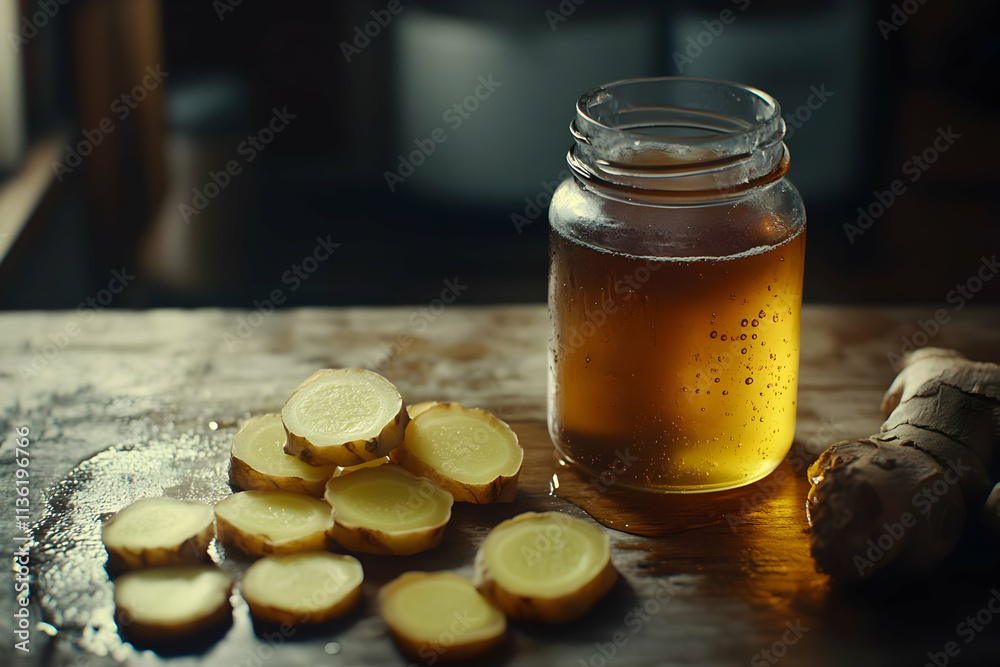 Golden ginger tea in mason jar with sliced ginger on wooden table. Golden ginger tea in mason jar with sliced ginger on wooden table.