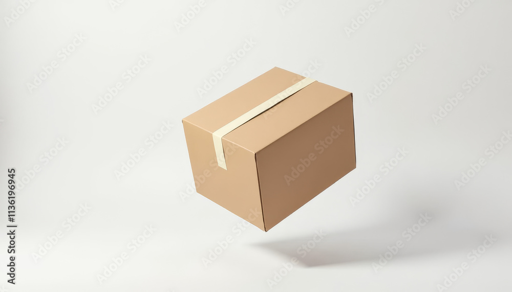 Fototapeta premium Floating subscription box mockup with brown cardboard and tape on white background
