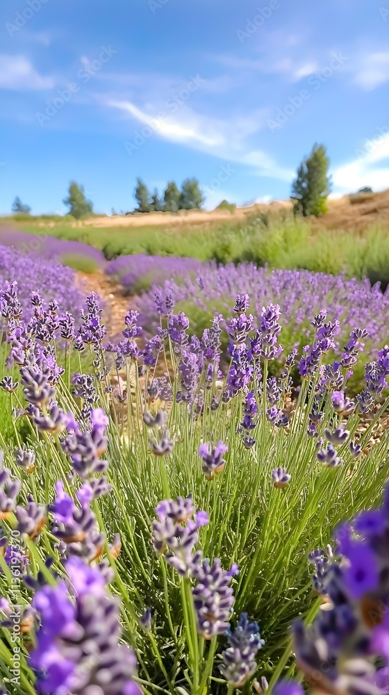 Fototapeta premium Lavender fields stretching under a clear sky radiate vibrant purple hues and a soothing fragrance