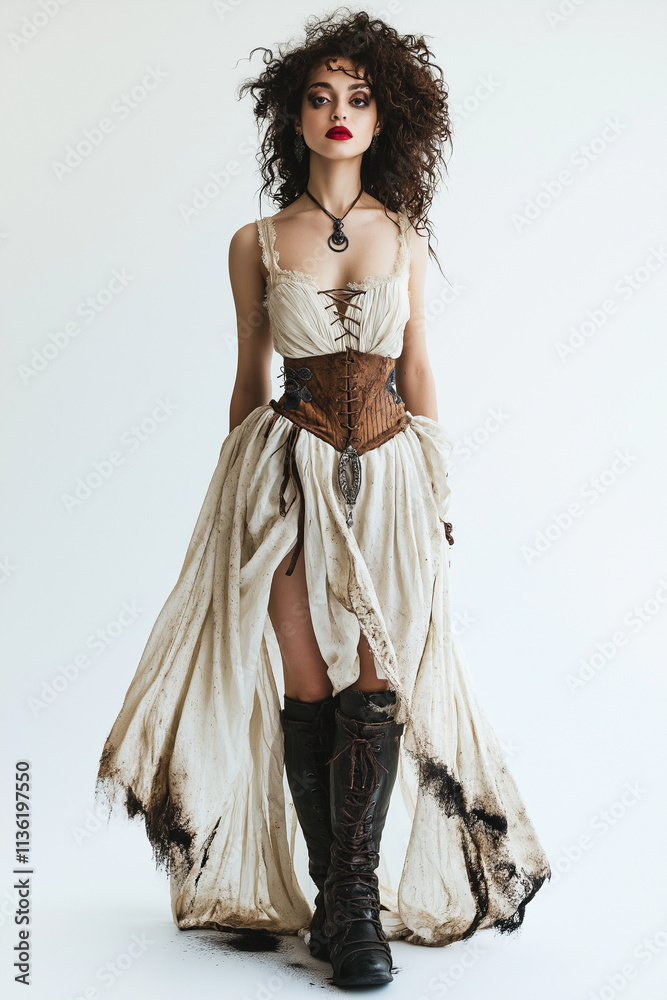 A mystical Romani girl with long, dark curly hair adorned with small ornaments. Her porcelain skin, lightly marked with traces of coal dust, contrasts with her bold red lipstick. A mystical Romani girl with long, dark curly hair adorned with small ornaments. Her porcelain skin, lightly marked with traces of coal dust, contrasts with her bold red lipstick.